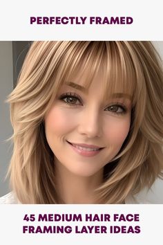 45 Medium Hair Face Framing Layer Ideas Blending Bangs Into Layers, Shoulder Length With Face Framing, Feather Cut For Medium Hair, Medium Hair Face Framing, Long Hair Face Framing Layers, Framed Face Haircut, Face Framing Layers Side Part, Blonde Hair With Copper Lowlights, Layer Ideas