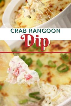 crab rangoon dip recipe in a white casserole dish with text overlay