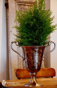 a plant in a metal vase on top of a wooden table