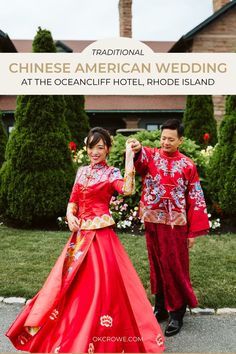 a man and woman in traditional chinese clothing standing next to each other with the words traditional american wedding at the ocean cliff hotel, rhode island