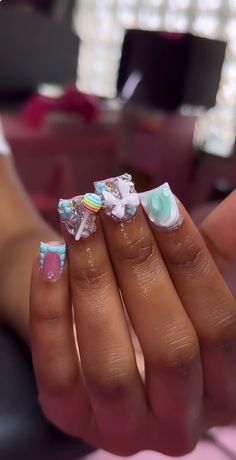 Teal Short Square Nails, Stellitoes Nails Short, Baby Blue Duck Nails, Short Duck Nails With Charms, Cute Duck Nails With Charms, Shirt Duck Nails, Nail Ideas Duck Nails, Short Duck Junk Nails, Short Duck Nails Design Ideas