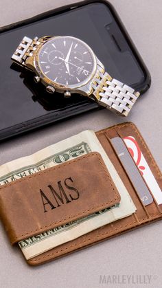 The perfect gift for the unorganized man in your life, or the one that just needs a wallet upgrade! The Personalized Wallet adds a touch of sophistication to a their everyday look. #wallet #menswallet #personalized #monogrammed #Marleylilly Classic Personalized Wallets, Classic Monogram Rectangular Wallets, Wallet With Money, Marley Lilly, S Monogram, Personalized Gifts For Dad, Personalized Wallet, New Home Gifts, Wallet Men