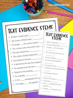 the text evidence stems worksheet is next to colored pencils and crayons