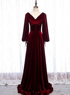 Burgundy Velvet Long Sleeves A-line Prom Dress High Neck Long Sleeve Prom Dress, डिजाइनर कपड़े, Fancy Fashion, Simple Bridesmaid Dresses, Dream Prom, V Neck Prom Dresses, Red Velvet Dress, Long Sleeve Prom, Burgundy Bridesmaid Dresses