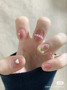 Korean Nail Color, Natural Round Nail Designs, Korean Short Gel Nails, Spring Nails Korean, Nails Inspiration Korean, Short Sanrio Nails, Gel Nails Kawaii, Coquette Short Nails, Douyin Nails Short