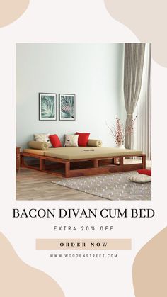 an advertisement for a bed that is in the middle of a room with red pillows