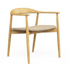 a wooden chair with a woven seat pad on it's armrest and back