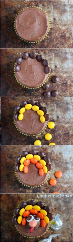 chocolate cupcakes with candy in the shape of a turkey on top and an image of