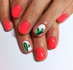 Coral cactus nails Flower Accent Nail Designs, Desert Nails Designs, Coral Cactus, Nails Flowers, Flowers Nails, Nails 2018