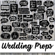 wedding props are displayed on a wooden background