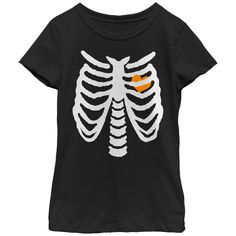 No bones about it, all the ghosts and ghouls are trying to get their paws on the Lost Gods Skeleton Rib Cage Love Black T-Shirt! An orange heart is printed within a rib cage on the front of this spooky black skeleton shirt. Size: medium. Gender: female. Age Group: adult. Pattern: Fictitious Character. Material: Cotton. Skeleton Rib Cage, No Bones About It, Black Skeleton, Orange Heart, Gods Girl, Skeleton Shirt, Love T, Halloween Skeleton, Halloween Skeletons