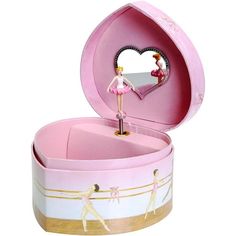 a pink box with a ballerina figure in the center and a heart shaped mirror