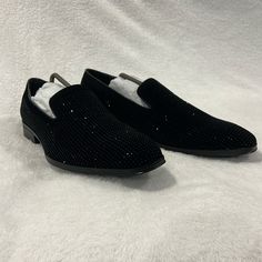 Men’s Size 8.5 Never Worn Elegant Rhinestone Slip-on Loafers, Black Slip-on Loafers With Rhinestones, Black Formal Loafers With Rhinestones, Black Rhinestone Slip-on Loafers, Formal Loafers With Rhinestones And Round Toe, Formal Leather Loafers With Rhinestones, Elegant Party Loafers With Studded Rubber Outsoles, Evening Loafers With Rhinestones And Round Toe, Evening Rhinestone Round Toe Loafers