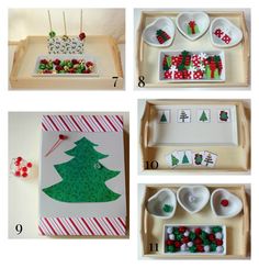 four pictures showing the steps to make a christmas tree themed counting game for toddlers