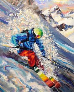 a painting of a person skiing down a mountain