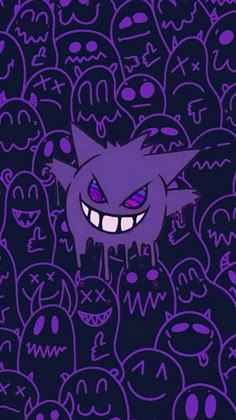 an image of a cartoon character surrounded by many emoticions in purple and black