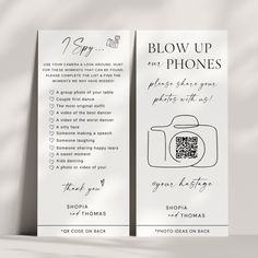 two pamphlets with the words blow up for phones and an image of a camera on them