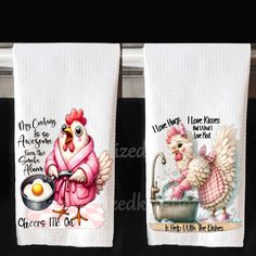 two kitchen towels with roosters on them