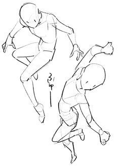 a drawing of two people doing different things in the same direction, one is jumping