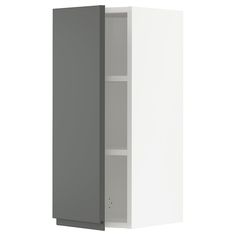 a white cabinet with two doors and one shelf on the left side, in front of a white background