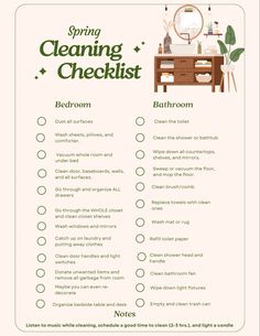 the spring cleaning checklist is shown in this green and white printable poster, which includes