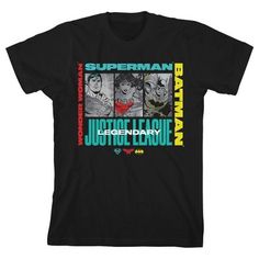 Celebrate your favorite superheroes in comfort with this Justice League tee. The shirt features black and white images of Superman, Wonder Woman, and Batman while blue, red, and yellow letters around the heroes spell out their names and the movie’s title. The superheroes’ logos appear below the image. The tee comes in a black short sleeve crew neck. Fans of the Justice League will love this comfy cotton tee. Superhero Cotton T-shirt With Character Print, Superhero Short Sleeve T-shirt With Character Print, Superhero Graphic T-shirt For Fans, Superhero Fan Merchandise Cotton T-shirt, Superhero Screen Print Tops For Fan Conventions, Superhero Character Print Tops For Fan Conventions, Pre-shrunk Superhero T-shirt For Fan Conventions, Superhero Black Top With Letter Print, Superhero Crew Neck Pre-shrunk T-shirt