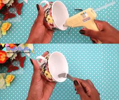 two pictures of someone pouring something into a cup