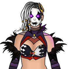 a drawing of a woman with white hair and purple eyes wearing an evil makeup costume