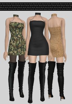 three female mannequins wearing different dresses and boots