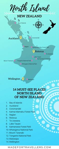 a map with the names and locations of new zealand, including two different cities in each country