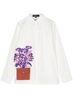 white/multicolour cotton floral embroidery straight-point collar front button fastening long sleeves buttoned cuffs side flap pocket straight hem Spring Workwear Shirt With Embroidered Cuffs, White Floral Embroidered Shirt For Work, White Cotton Shirt With Embroidered Cuffs, Embroidered White Shirt For Work, Embroidered White Shirt For Workwear, White Shirt With Floral Embroidery And Spread Collar, White Embroidered Shirt For Workwear, White Shirt With Patch Pockets And Spread Collar, Embroidered Shirt