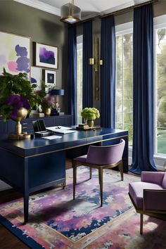 a blue desk with purple chairs and paintings on the wall in an elegant home office