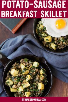 two skillets filled with potato, sausage and breakfast skillet