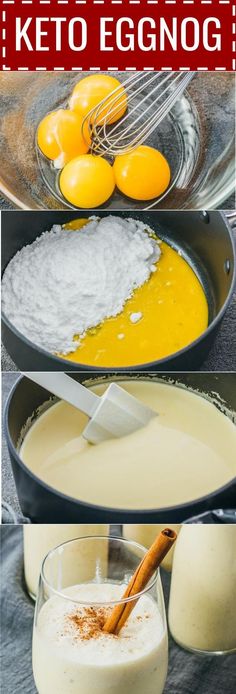 the ingredients to make keto eggnog are shown in three different pictures, including eggs and batter