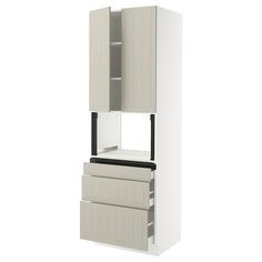 a white cabinet with two drawers and one door open