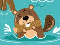 an illustration of a beaver holding a log in the water, with another beaver nearby