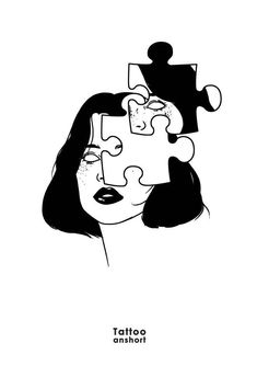 a black and white drawing of a woman with puzzle pieces on her head