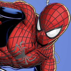 a spider man is flying through the air with his hands on his hips and eyes open