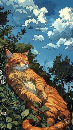 an orange cat laying on its back in the grass next to some flowers and trees