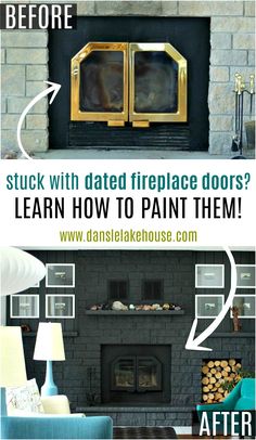 a fireplace that has been painted black and gold with the words how to paint it