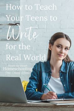 a woman sitting at a desk with a laptop and pen in her hand, writing on the paper