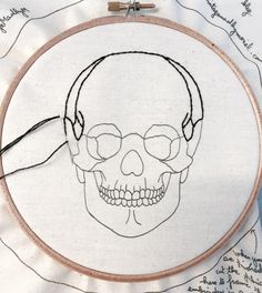 a drawing of a skull with headphones on it's face is shown in the hoop