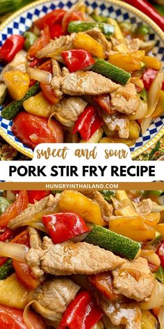 pork stir fry recipe with peppers, zucchini and other vegetables on a plate