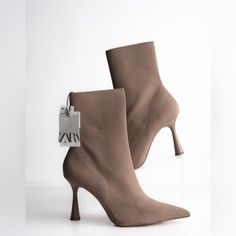 Zara Fabric Knit Ankle Bootie Tan Beautiful Booties That Can Be Worn Year Round And Dressed Up For An Evening Out. Wear Them With A Dress Or Just Casual With Jeans, Slacks Etc. 4” Inch Heel Smoke Free Pet Free Home Winter Beige Pointed Toe Booties, Beige Booties For Fall, Fitted Beige Booties For Fall, Fitted Beige Booties For Spring, Zara High Ankle Heels For Winter, Casual High Ankle Fitted Booties, Trendy Zara Winter Heels, Fitted Casual Winter Booties, Casual Fitted Winter Booties