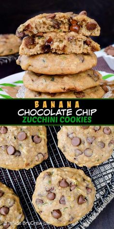 chocolate chip zucchini cookies stacked on top of each other with text overlay