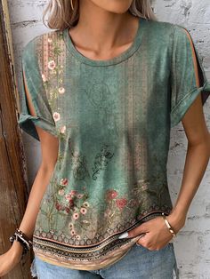 Buy Inexpensive Shirts at Zolucky online store, SPU: 294BSH3E5298, Color: Green, Material:Jersey, Clothes Length:Mid-long. Off Shoulder T Shirt, Cold Shoulder Tops, Cutout Blouse, Vintage T Shirts, Shoulder Tops, Cheap Womens Clothing, Short Sleeve Pattern, Floral Print Shorts, Round Neck Tops