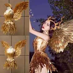 an image of a woman with gold wings on her head and dress made out of feathers