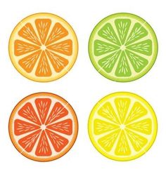 four slices of lemon, orange and grapefruit are shown in different colors on a white background