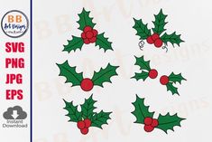 christmas holly cliparts with red berries and green leaves, set of 6 for commercial use