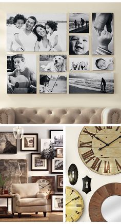 a living room filled with furniture and pictures on the wall